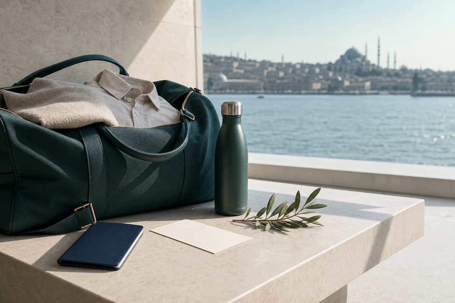 A carefully packed travel bag overlooking Istanbul